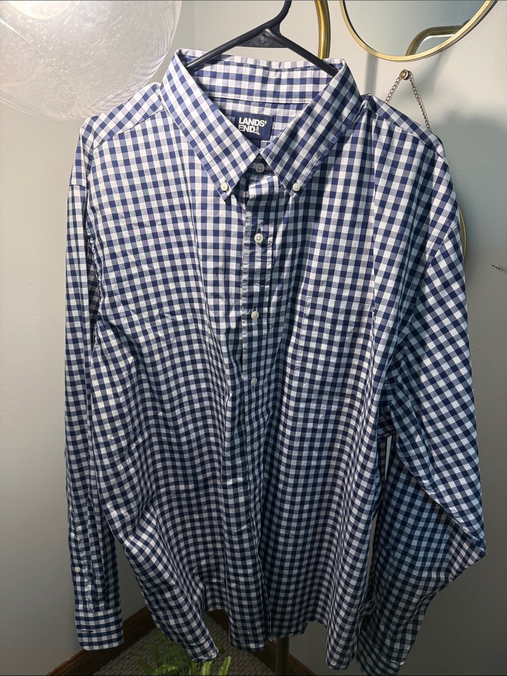 Lands' End Men's Navy and White Gingham Button-Down Shirt